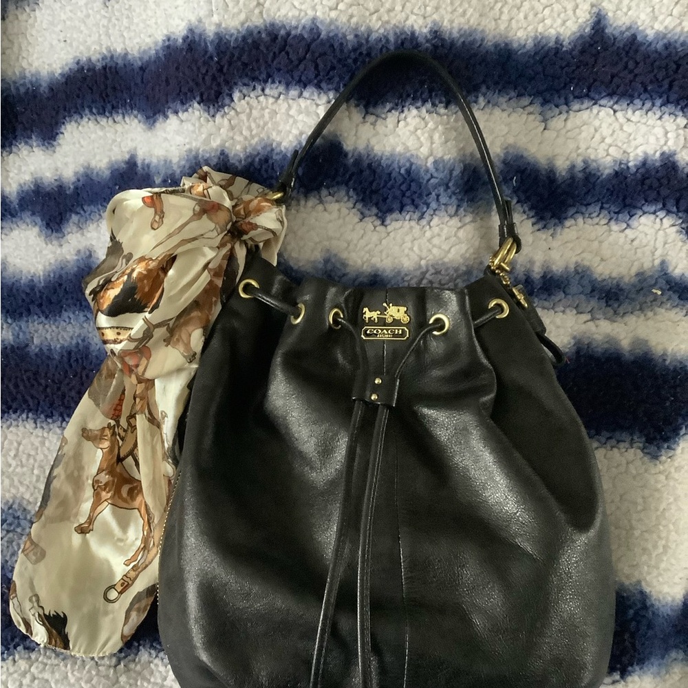 Coach Black Leather Shoulder Bag with Gold Accents